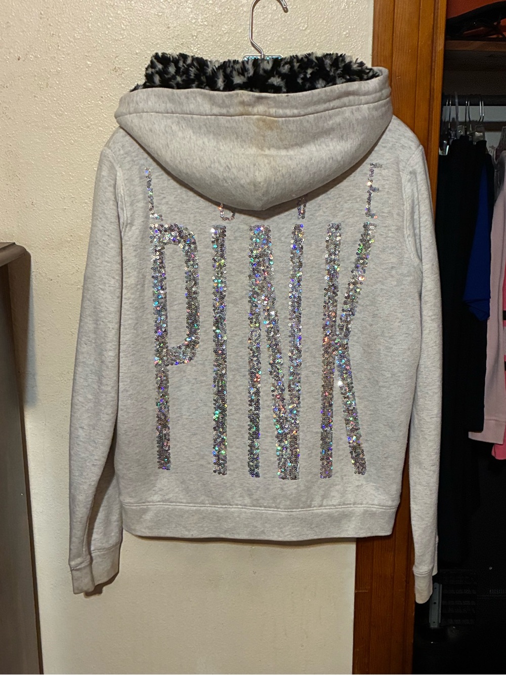PINK Victoria's Secret Gray Zip Up Hoodie with Iridescent Sequin Logo